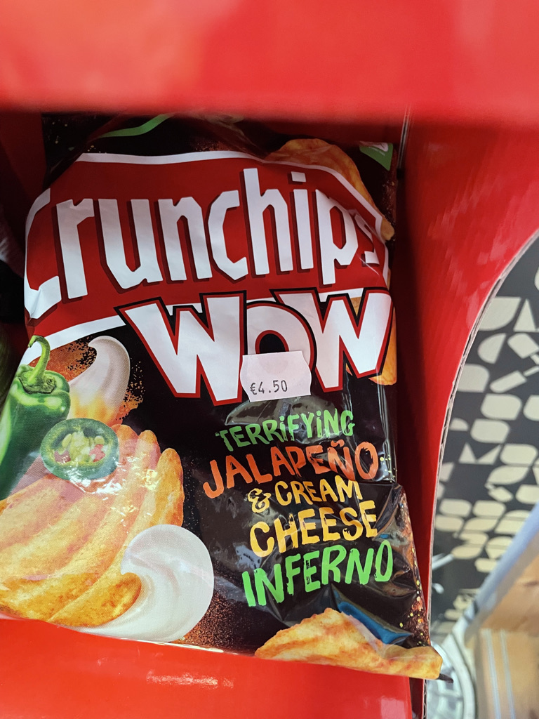 A bag of chips flavored "Terrifying Jalapeno Cream Cheese Inferno"