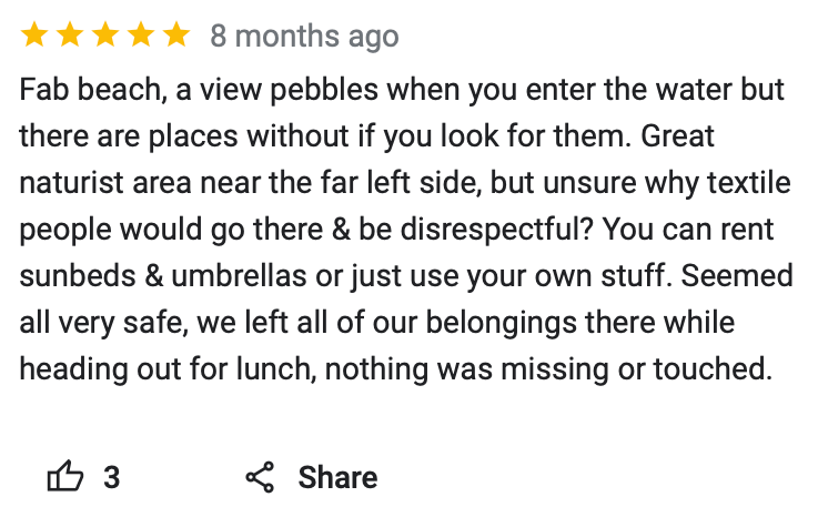 Google review of a nude beach asking why people who are not nude go there and be disrespectful.