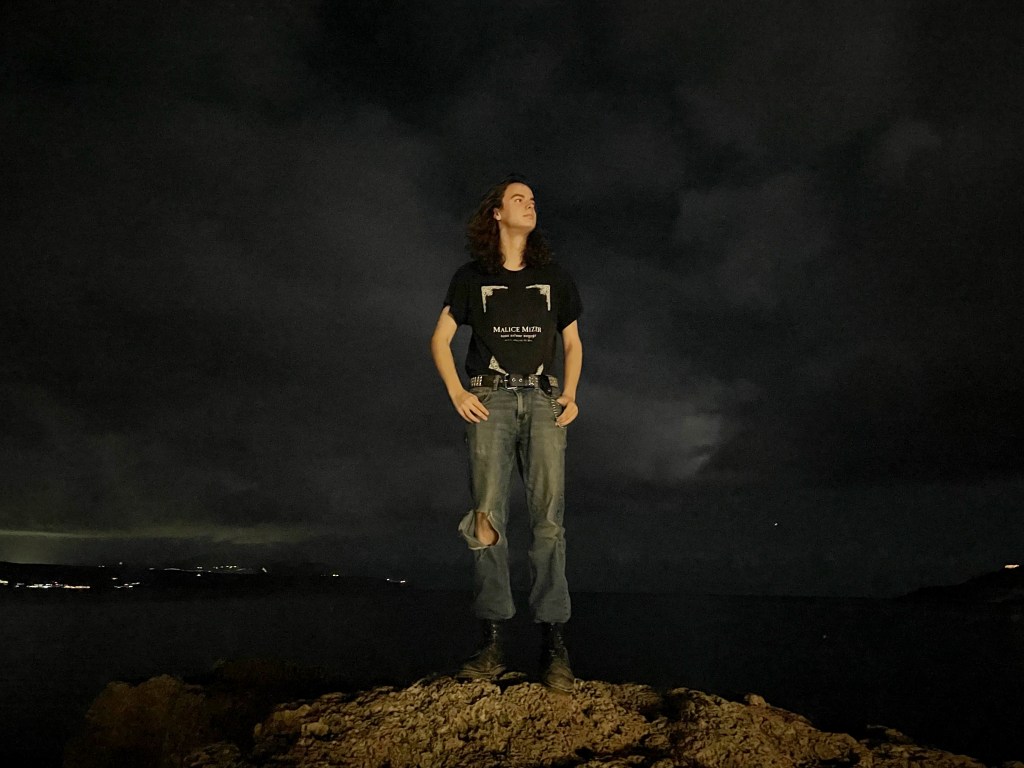 Felix on a rock by the sea at night